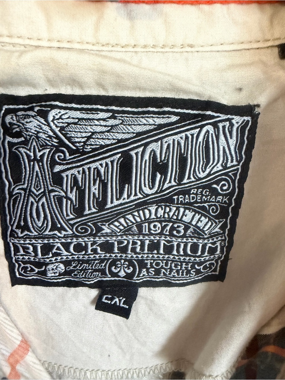 Affliction Mens Blue Plaid Snap Button Embroidered Patch Black Premium Shirt 2XL - Picture 5 of 16